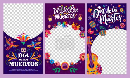 Illustration for Dia de Los Muertos social media templates, Day of Dead banners with frames, vector backgrounds. Mexican holiday frames with flowers and calavera skull, guitar and maracas with candles and flowers - Royalty Free Image