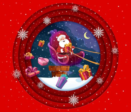 Téléchargez les illustrations : Bannière de Noël en papier avec cadeau et dessin animé Père Noël sur la cheminée du toit. Carte de vœux vectorielle avec cadre rond à double exposition à effet 3d, Noel en traîneau sur le toit d'un chalet enneigé la veille des fêtes - en licence libre de droit