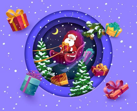 Christmas paper cut banner with flying santa on sleigh and holiday presents. Vector greeting card with 3d effect double exposition round frame. Noel in sled at snowy festive eve night with moon
