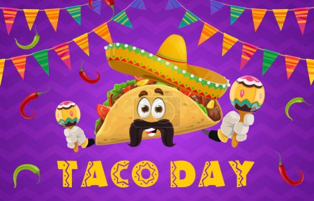 Illustration for Mexican tacos day holiday party, cartoon Tex Mex food character in sombrero, vector poster. Mexican cuisine food festival background with funny taco with maracas, mustaches and papel picado flags - Royalty Free Image