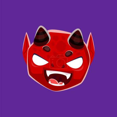 Illustration for Cartoon Halloween devil emoji character. Playful imp face emoticon with mischievous grin, red skin, fangs, horns, and fiery eyes. Isolated vector devilish, and spooky personage for messages and chats - Royalty Free Image