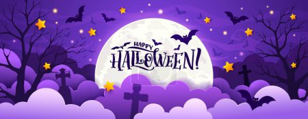 Illustration for Halloween cemetery landscape with paper cut fog or mist. Vector horizontal banner with 3d layered scene of graveyard, stars, bats, full moon, creepy trees and crosses silhouettes admist purple haze - Royalty Free Image