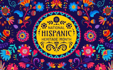Illustration for National Hispanic heritage month festival banner with tropical flowers pattern, vector ethnic floral ornament. Hispanic Americans culture, tradition and art heritage background for Latin folk festival - Royalty Free Image