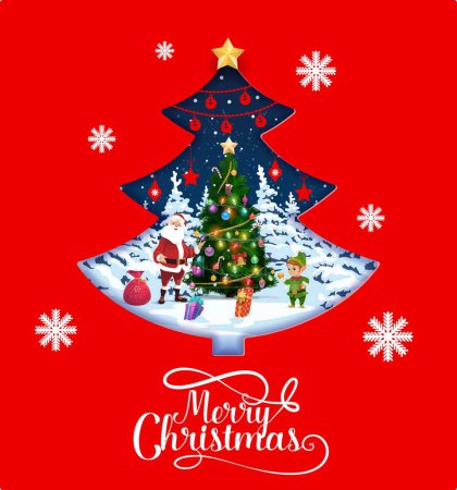 Illustration for Christmas paper cut pine tree with Santa and elf. Vector Xmas papercut double exposition 3d effect frame with Father Noel in red costume, colorful presents and helper near decorated spruce in forest - Royalty Free Image
