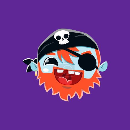 Illustration for Cartoon Halloween pirate emoji character. Isolated vector rover sailor emoticon with red beard, eyepatch, spooky grin, and bandana with jolly roger skull. Funny jouyful emotion for chats and messages - Royalty Free Image