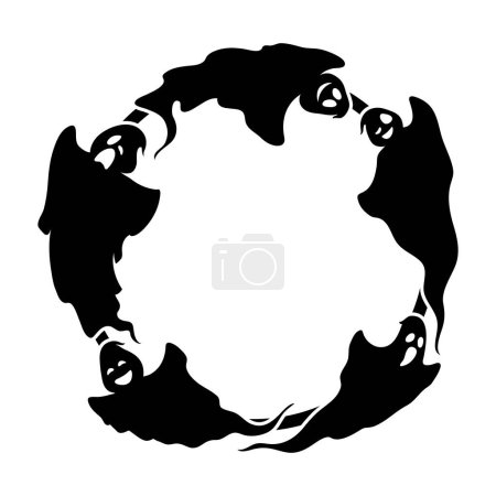 Illustration for Halloween holiday black frame with flying ghosts. Isolated vector empty round border with silhouettes of spooky phantoms with yelling and laughing faces. Photoframe or vignette for the holiday - Royalty Free Image