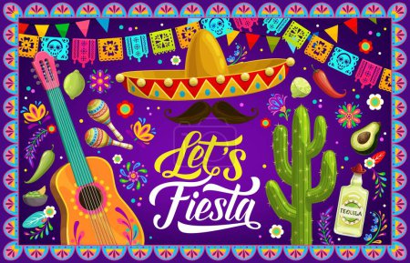 Bandera de fiesta mexicana o volante con sombrero, banderas de guitarra y papel picado, fondo vectorial. Fiesta de México tequila, aguacate, cactus con maracas y bigotes en marco de papel picado