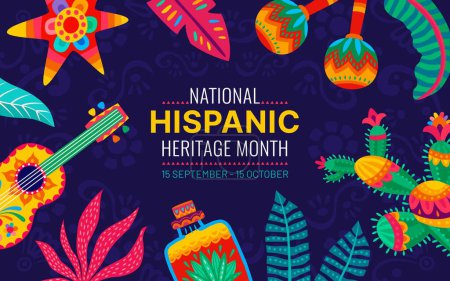 Illustration for National Hispanic heritage month festival flyer with cactus, guitar, maracas, pinata and tropical flowers, vector background. Hispanic Americans culture, tradition or art and ethnic music heritage - Royalty Free Image