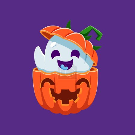 Illustration for Cartoon cute kawaii Halloween ghost monster character playfully emerges from grinning pumpkin jack-o-lantern. Funny sweet vector spirit smile and waving hand charmingly capturing the spirit of holiday - Royalty Free Image