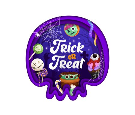 Illustration for Halloween paper cut skull shape with holiday sweets. Vector background with 3d effect papercut cranium frame and cartoon trick or treat candy desserts and lollipops with night cemetery silhouettes - Royalty Free Image