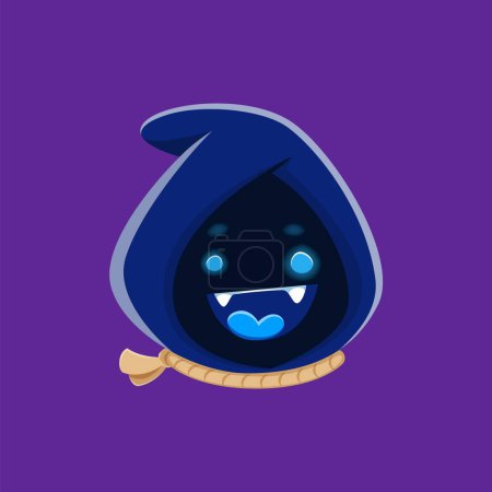 Illustration for Cartoon Halloween emoji character wearing a hood and rope around its neck, exuding a spooky and mischievous vibe. Isolated vector butcher or monster face emoticon with blue glowing eyes and fangs - Royalty Free Image
