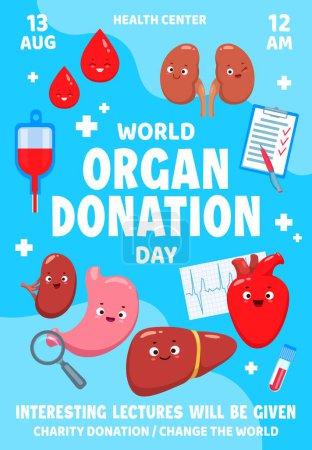 Illustration for World body organ donation day poster or flyer. Cartoon characters of internal organs. Health center, surging clinic or hospital vector poster with comical kidneys, stomach, liver and heart personages - Royalty Free Image