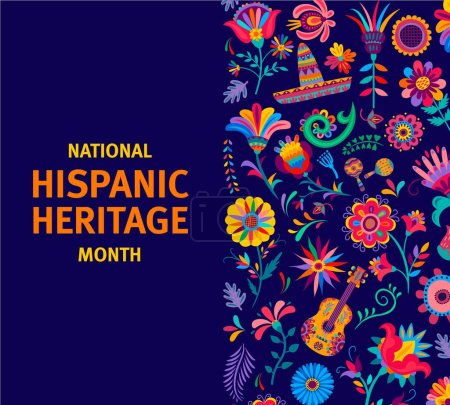 Illustration for National Hispanic heritage month festival banner with ethnic floral ornament, vector background. Hispanic Americans culture, tradition and art heritage in ethnic ornament sombrero, guitar and flowers - Royalty Free Image