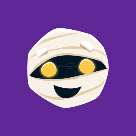 Illustration for Cartoon Halloween mummy emoji character. Isolated vector cute emoticon face with wide yellow eyes and wrapped in bandages, adding a spooky yet playful touch to holiday messages and conversations - Royalty Free Image