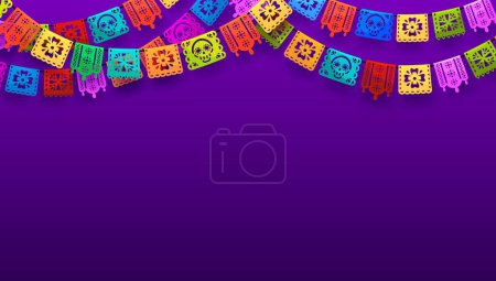 Illustration for Mexican Dia de Los Muertos holiday background with papel picado flags, vector poster. Dia de los Muertos or dead day fiesta and carnival celebration of Mexico culture and tradition with papel picado - Royalty Free Image
