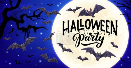Illustration for Halloween holiday banner with flying bats on moon background. Vector party card with midnight scene of creepy vampire animals flock and black silhouettes or eerie trees with hanging spiderweb and moss - Royalty Free Image