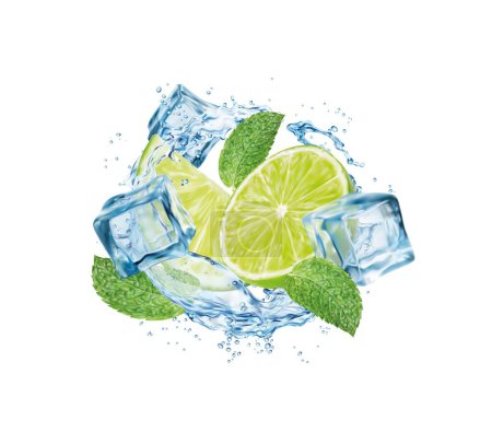 Illustration for Realistic mojito drink round splash with lime fruit, ice cubes and mint leaves, isolated vector. Mojito drink, soda water or lemonade beverage with lime and ice cubes in blue water swirl pour flow - Royalty Free Image
