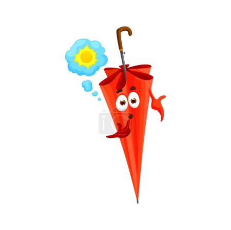 Illustration for Cartoon red umbrella character, endearing vector parasol with confused face thinking of sun with pensive facial expression. Isolated vector emoticon, symbol for weather forecast, climate app or game - Royalty Free Image