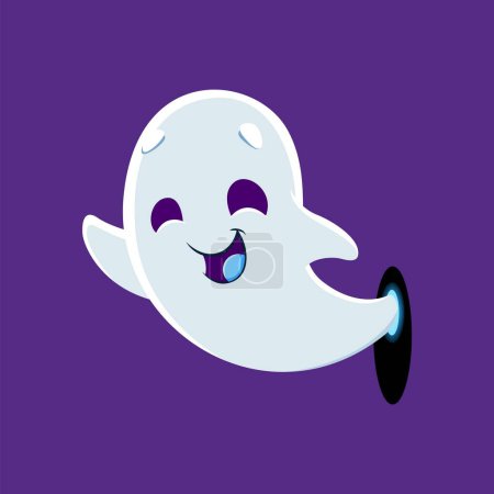 Illustration for Cartoon cute kawaii Halloween ghost monster character glides playfully through wall with whimsy and smile. Adorable vector spook with charming funny presence brings a touch of enchantment to holiday - Royalty Free Image