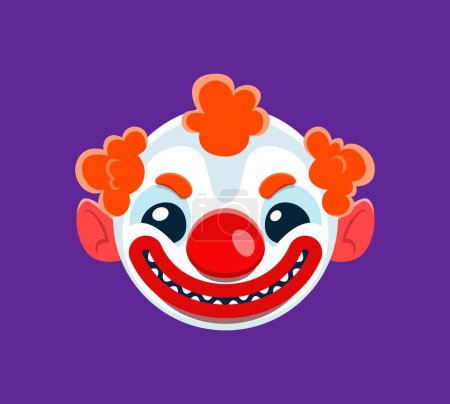 Illustration for Cartoon Halloween sinister clown emoji character with an angry expression, fiery eyes, creepy grin, and exaggerated features. Spine-chilling spooky emoticon for holiday messages and festivities - Royalty Free Image