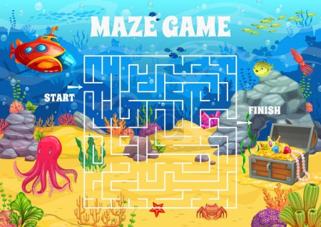 Illustration for Labyrinth maze on sea bottom landscape, help to explorers find treasure chest, vector quiz game. Kids game worksheet to find way for bathyscaphe submarine in sea underwater or ocean labyrinth maze - Royalty Free Image
