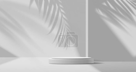 Illustration for Grey podium with palm leaves shadow background. Cosmetics product presentation clean stand, fashion showcase space realistic vector cover or background with palm plant leaf and sunlight shadows - Royalty Free Image