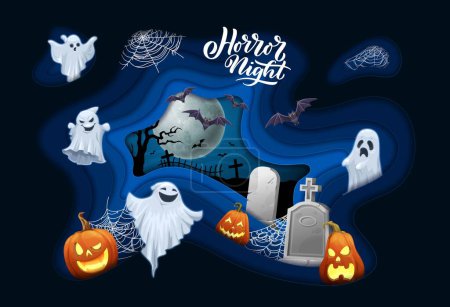 Halloween paper cut banner, cartoon flying ghosts and bats, tombstones and midnight cemetery. Vector 3d effect papercut wavy frame with funny spooks, stone crosses, jack lantern pumpkins and spiderweb