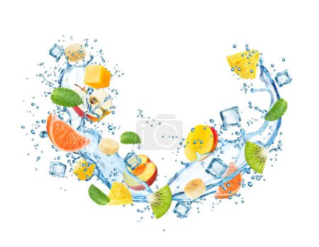 Ilustración de Salpicaduras de agua líquida con frutas y hojas de menta con cubitos de hielo realistas en bebida, vector aislado. Zumo de soda de frutas tropicales o limonada con piña, mango o melocotón, kiwi o naranja en salpicadura - Imagen libre de derechos