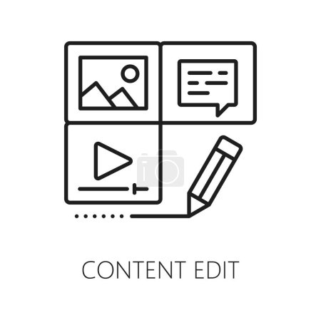 Téléchargez les illustrations : Édition de contenu, icône du système de gestion de contenu CMS, outils d'édition numérique en ligne, symbole de ligne vectorielle. Pictogramme de réseau de contenu de médias numériques de la SMC de l'édition de contenu de photo, vidéo et publication - en licence libre de droit