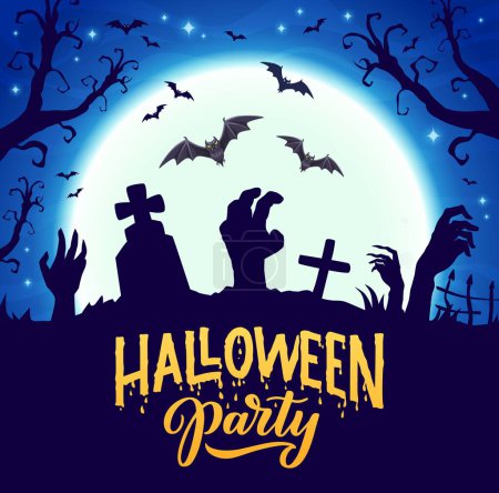 Illustration for Halloween cemetery silhouette with zombie hands. Vector party banner with night graveyard and sticking arms on full moon background with cross tombs, scary bats and trees. Cartoon spooky greeting card - Royalty Free Image