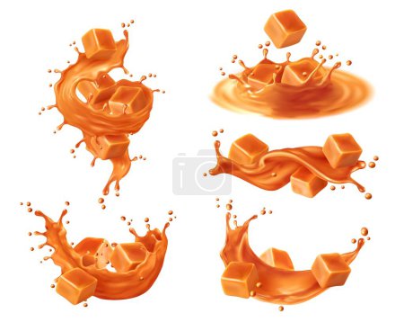 Ilustración de Salsa de caramelo o corona de jarabe y salpica con toffee. Salsa de caramelo derretido, jarabe de postre dulce goteos vectoriales realistas y remolinos de movimiento congelado con cubos de caramelo aislados, gotitas y ondulaciones - Imagen libre de derechos