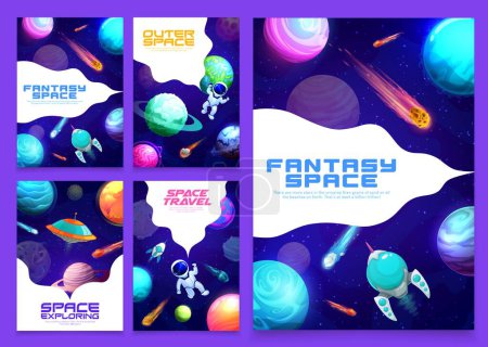 Illustration for Cartoon space landing page with galaxy landscape, planets and starship, vector astronaut character, UFO, rocket and spaceship on starry sky background. Business company website landing page template - Royalty Free Image