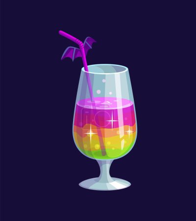 Téléchargez les illustrations : Boisson cocktail fête Halloween. Verre vectoriel isolé avec liquide multicolore en couches, étincelles et paille, décoré avec des ailes de chauve-souris. Verre à vin avec des couches vertes, jaunes, orange, rouges et violettes - en licence libre de droit