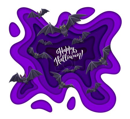 Téléchargez les illustrations : Halloween papier coupé chauves-souris volantes, effrayante art de papier vectoriel 3D mettant en vedette les animaux vampires maléfiques sur fond violet à l'intérieur du cadre ondulé stratifié. Haunting décoration d'automne pour les vacances Hallowmas - en licence libre de droit