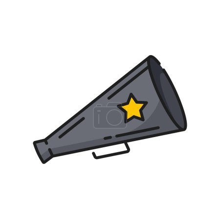 Illustration for Movie director vintage megaphone, video production icon. Cinema production, cinematography art or video industry line vector sign. Filmmaking studio minimal pictogram or icon with loudspeaker - Royalty Free Image
