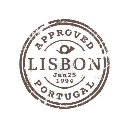 Illustration for Approved Lisbon Portugal postage delivery stamp, postmark of European country, postcard label print. Rubber postal seal, international post mark - Royalty Free Image