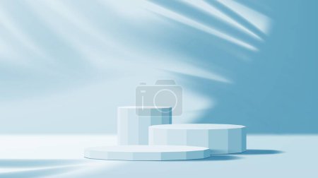 Illustration for Empty blue podium mockup or product display background, vector 3D base platform. Premium cosmetic podium or stand pedestal with palm leaf shadow on wall, summer stage or luxury scene with light - Royalty Free Image