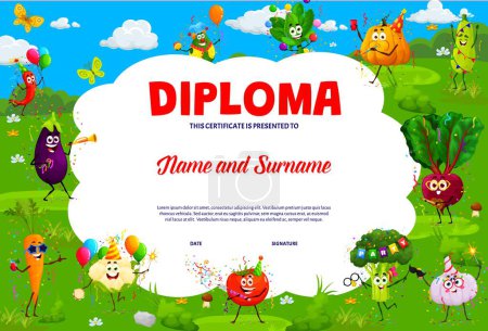 Illustration for Kids diploma. Cartoon vegetable characters on holiday, school education certificate. Vector student award and gift with cute tomato, carrot, broccoli and chili pepper personages at garden party - Royalty Free Image