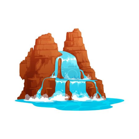 Ilustración de Dibujos animados Salvaje Oeste cascada y cascada de agua de río en rocas de montaña, vector de la escena de la naturaleza. Corriente de cascada con salpicaduras de agua desde la colina, el desierto occidental de Texas y el río de montaña Arizona - Imagen libre de derechos