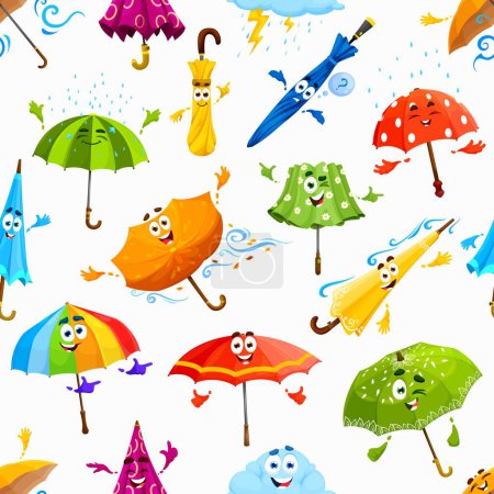 Illustration for Cartoon umbrella characters seamless pattern. Wrapping paper backdrop, textile vector print or fabric seamless background. Wallpaper pattern with colorful umbrella funny and cheerful personages - Royalty Free Image