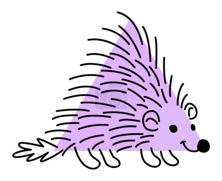 Illustration for Cartoon hedgehog animal character with math shape. School kid education geometric figure, funny violet porcupine or hedgehog isolated vector triangle or pyramid shape, animal character sticker - Royalty Free Image