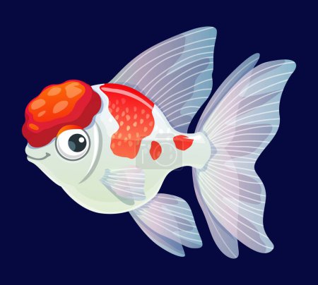 Illustration for Cartoon aquarium fish, isolated vector white crown pearscale fish is a stunning freshwater species known for its shimmering scales and distinct crown-like pattern on its head. Book or game character - Royalty Free Image