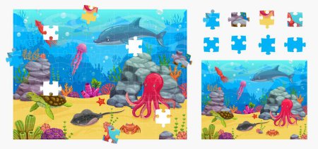 Téléchargez les illustrations : Dessin animé mer paysage sous-marin. Puzzle pièces de jeu de puzzle. Figure trouver quiz, pièce match puzzle feuille de calcul vectoriel avec dauphin, méduses, tortue de mer et pieuvre, patin, crabe animaux personnages mignons - en licence libre de droit