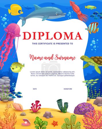 Illustration for Kids diploma, cartoon animals and fish in underwater landscape, vector certificate template. School or kindergarten workshop certificate diploma with funny turtle, jellyfish and squid in undersea - Royalty Free Image