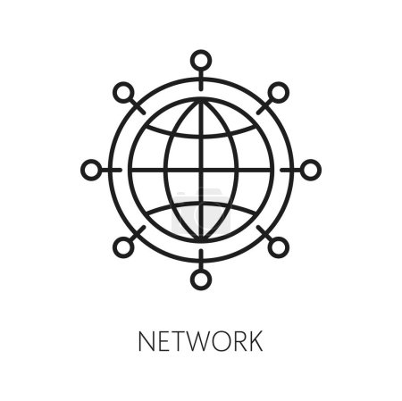 Illustration for Network. CDN. Content delivery network icon, web media file uploading service, website content delivery network and publishing system thin line vector icon with globe and Internet connection hosts - Royalty Free Image
