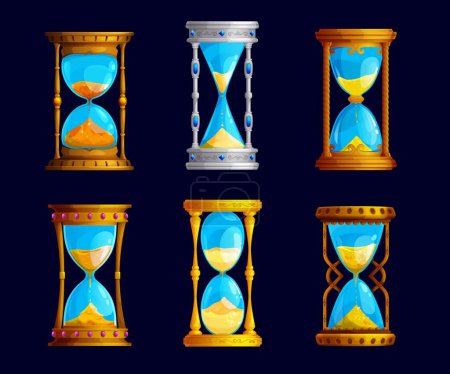 Illustration for Magic sand glass clock. Isolated sandglass, hourglass. Cartoon vector vintage golden watches game asset, ancient equipment for measuring time. Stopwatch counting minutes, fantasy or historical objects - Royalty Free Image