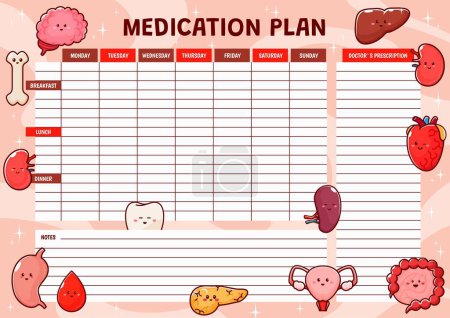 Illustration for Weekly medication plan. Planner with human body organ characters. Medicines dosage journal or diary, medication treatment vector organizer with funny brain, liver, kidney, heart and intestine, stomach - Royalty Free Image