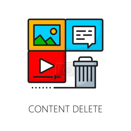 Illustration for Content delete, CMS content management system icon, digital media online tools, vector line pictogram. CMS and digital media content management icon of photo, video and message publications delete - Royalty Free Image