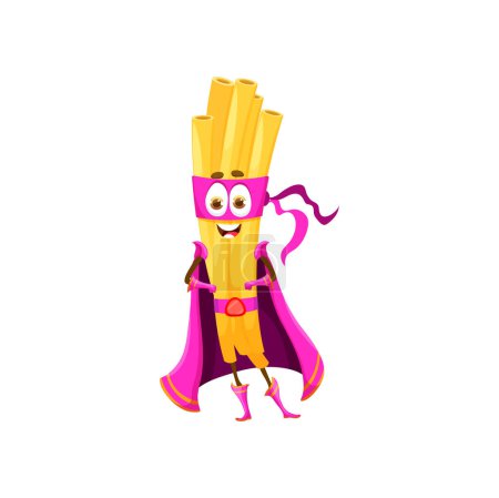 Illustration for Cartoon zitoni italian pasta superhero character. Isolated vector noodle personage wear pink vigilante cape and mask ready to saves the day with his superpower and bringing cheesy justice to the world - Royalty Free Image