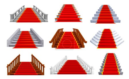 Illustration for Castle and palace staircases. Stone and wooden stairs with red carpet. Fantasy ballroom, theater or royal palace isolated stairway, museum hallway marble and wooden staircases with carpet and baluster - Royalty Free Image